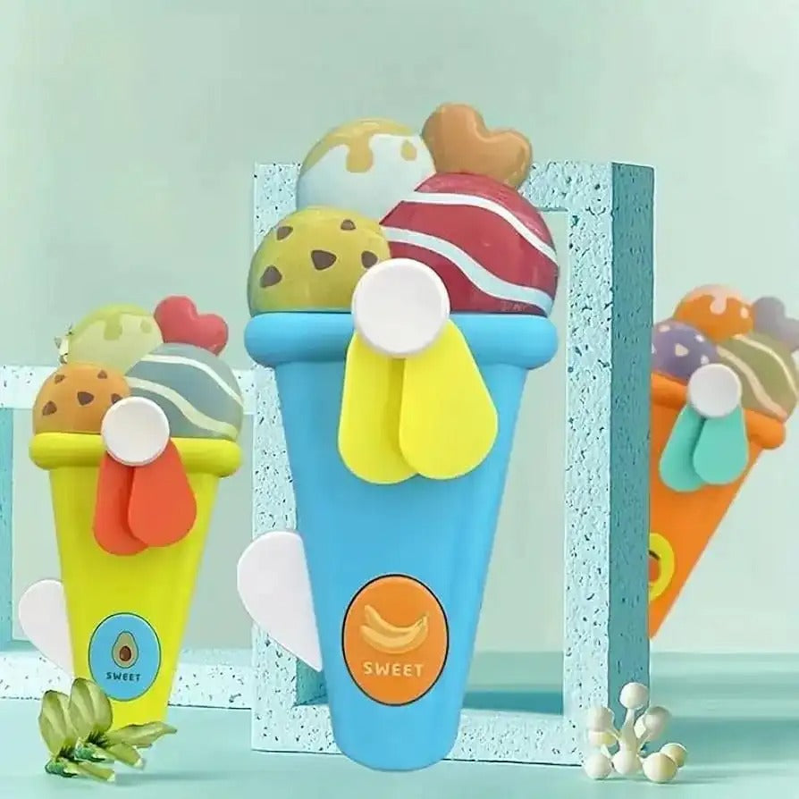 Handheld Ice Cream Cone Toy Fan for Kids – Cute Cartoon Design, Safe Soft Blades
