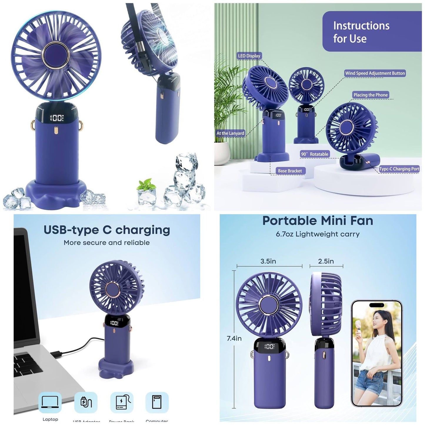 Digital Display Portable Mini Fan – 5-in-1 Multipurpose USB-C Rechargeable Handheld Fan