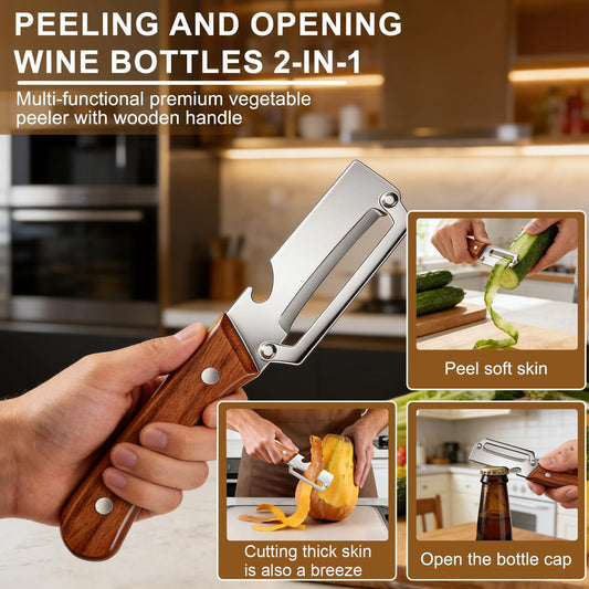 Knife Peelers For Kitchen, Multi Functional Vegetable Peeler, 3 In 1 Multi Functional Wooden Handle Peeler